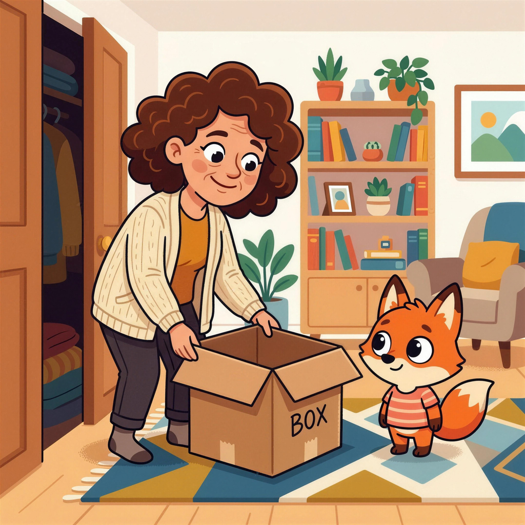 Mom brings out an empty cardboard box